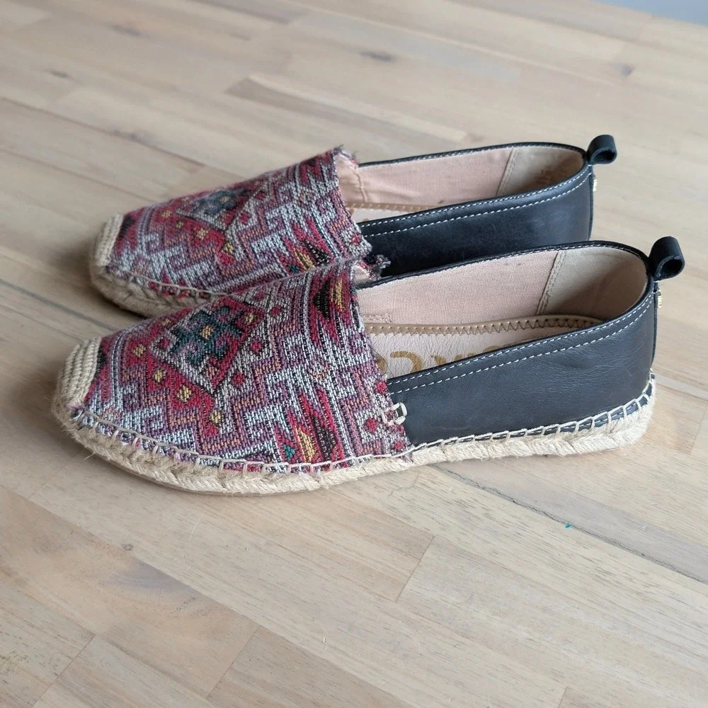Sam Edelman Khloe Espadrille Flats Women Geo Pattern Black Leather Size 8.5‎